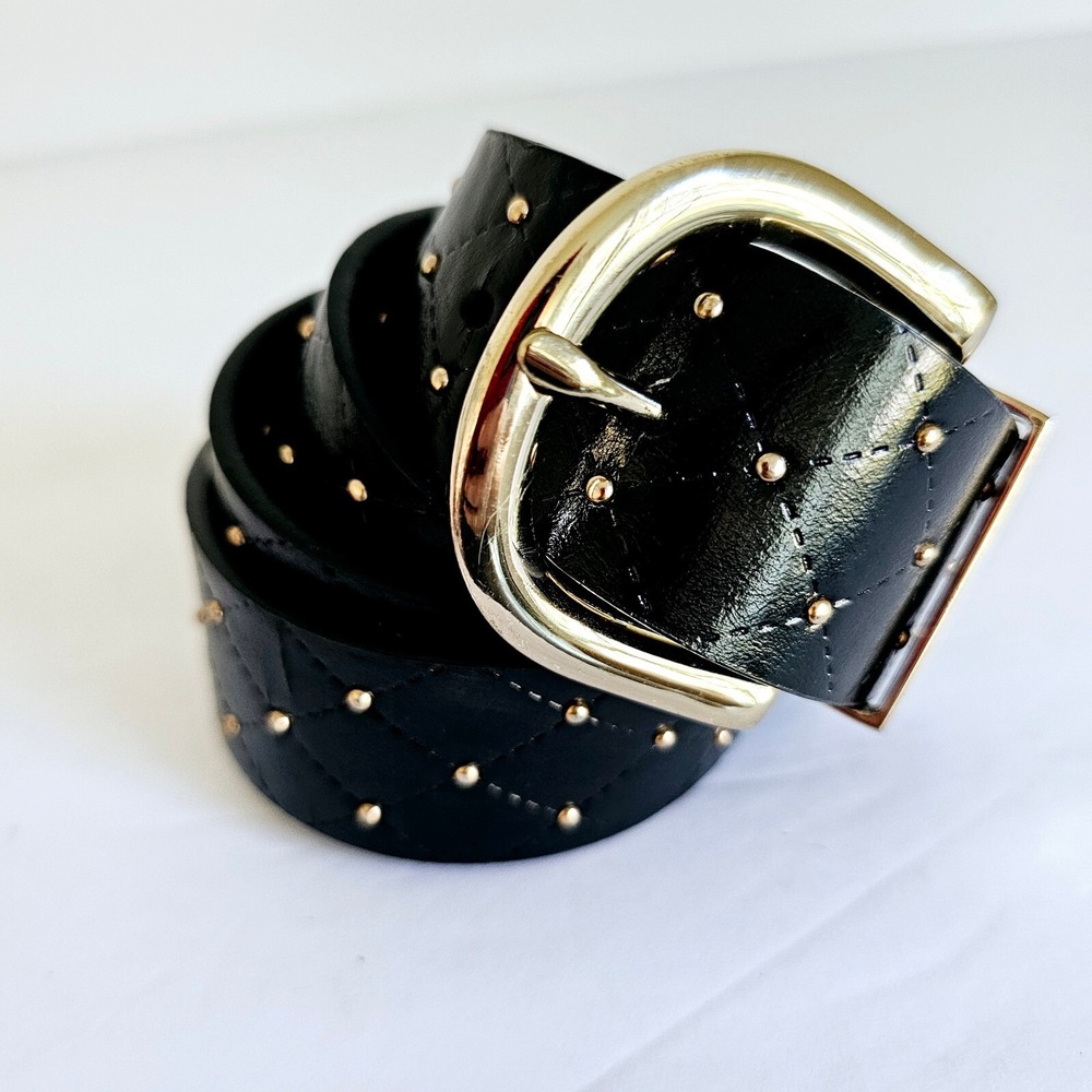 Vintage Black‎ Quilted Studded Reversible Belt Gold Buckle Edgy Chic Goth Biker